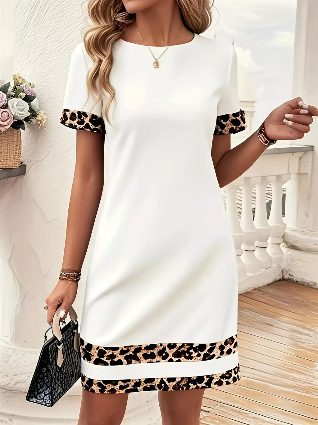 Full Size Leopard Trim Round Neck Mini Dress Plus Size