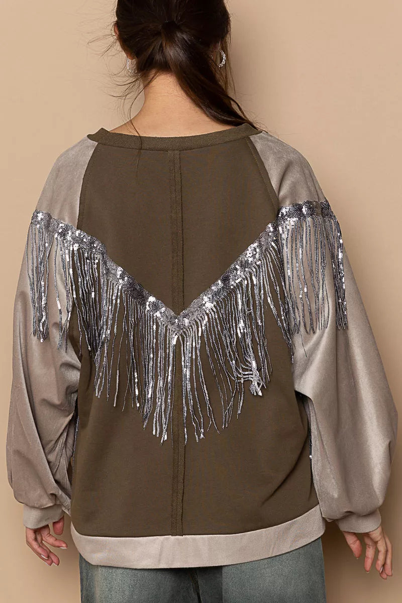 POL Balloon Sleeve French Terry Sweatshirt with Sequin Tassel