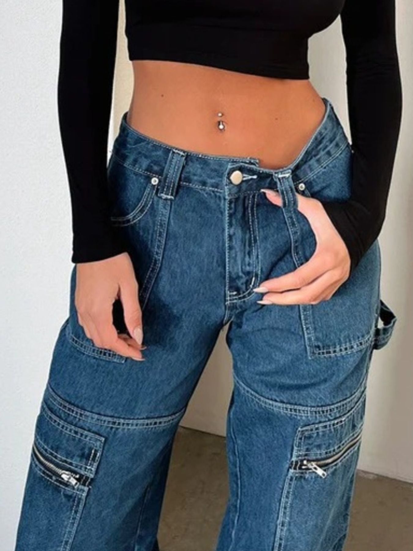 Zipper Pocket Wide Leg Cargo Jeans