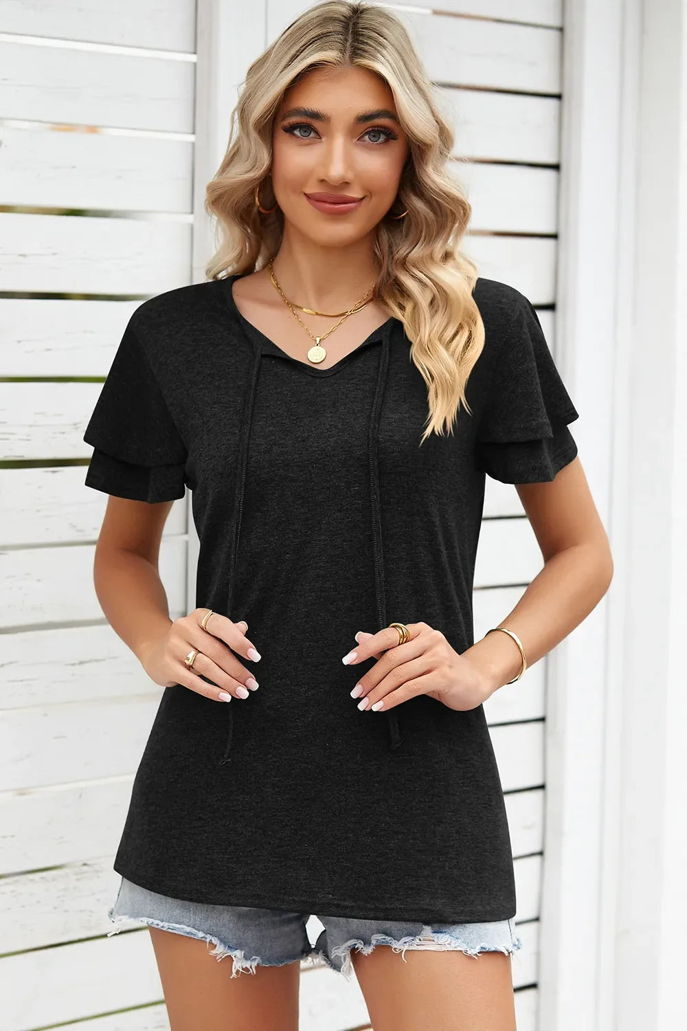 Tie Waist Flutter Sleeve Blouse