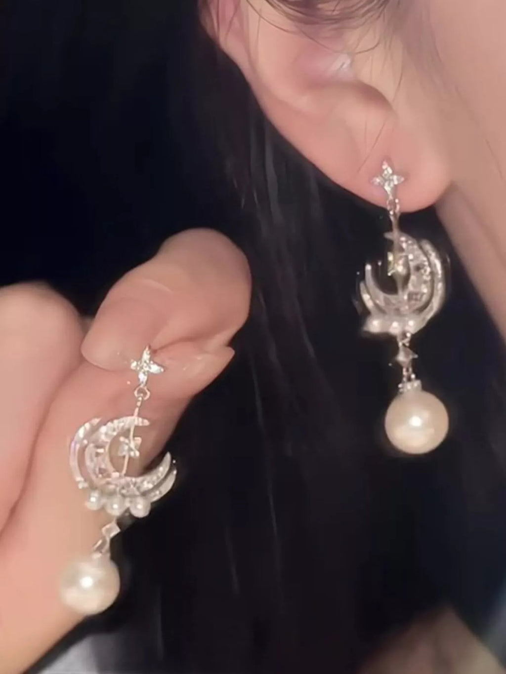 Moon & Star Pearl Dangle Earrings