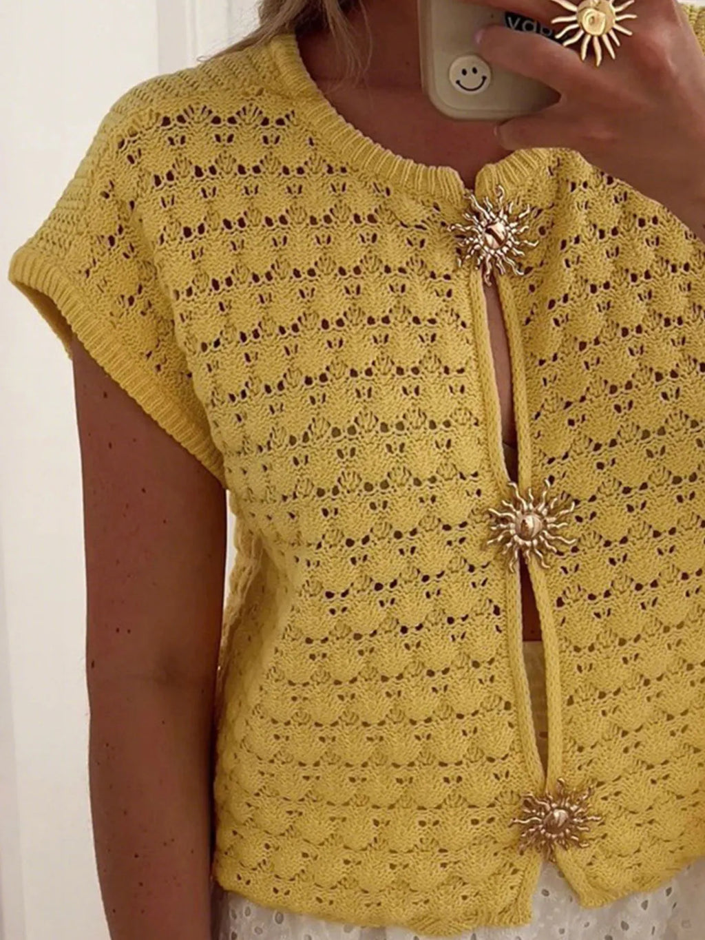 Crochet Short Sleeve Button Front Cardigan