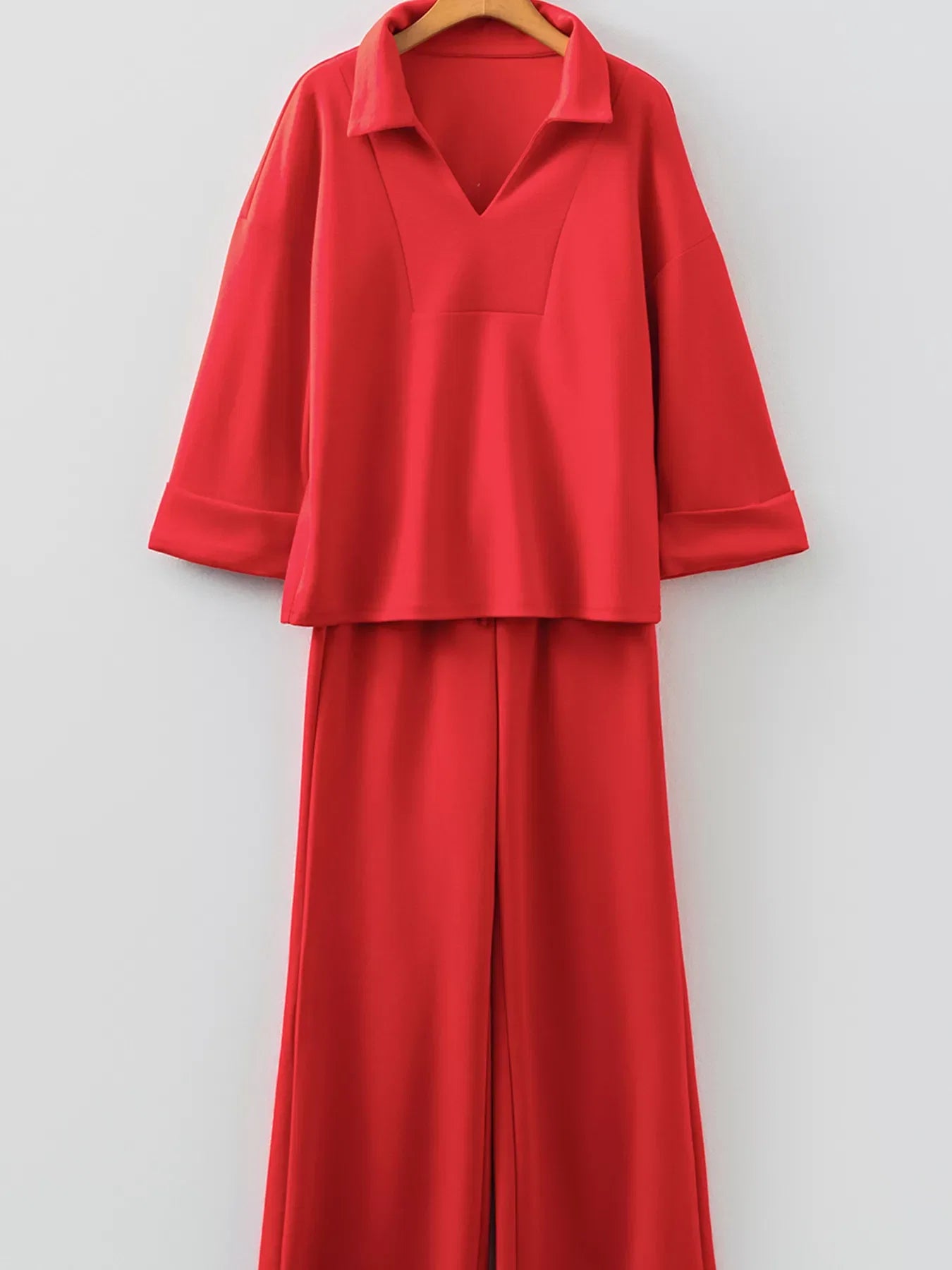 Polo Collar V Neck 3/4 Sleeve Pullover Drawstring Bell Bottom Pants 2pcs Set