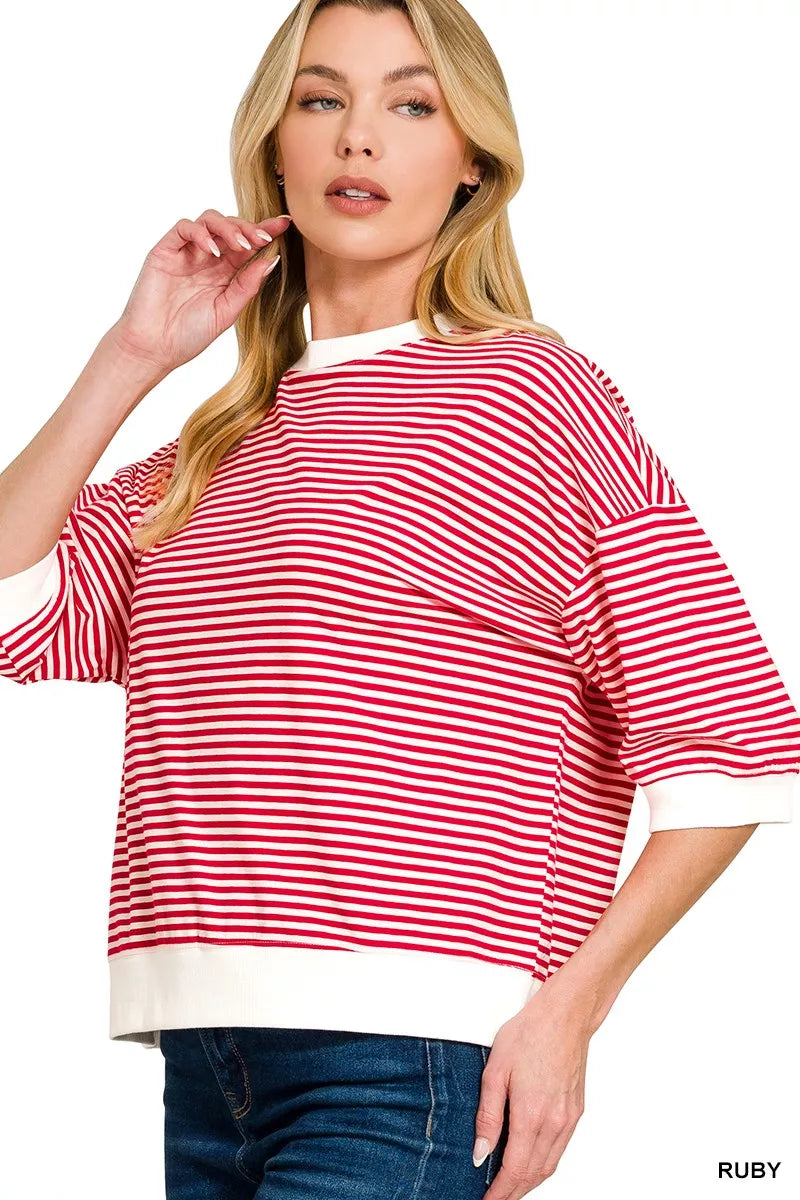 Zenana Striped Contrast Trim Banded Bottom Top
