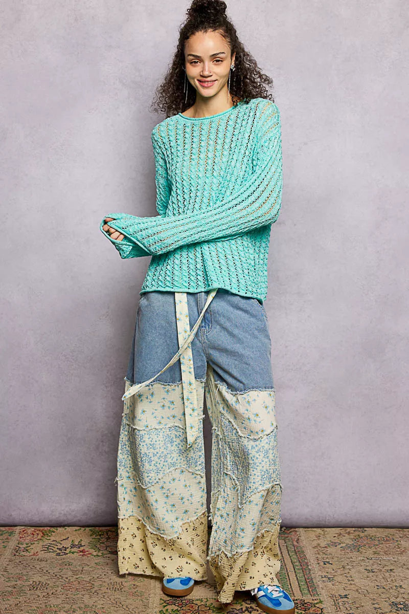 POL Openwork Round Neck Knit Top with Shiny Detail