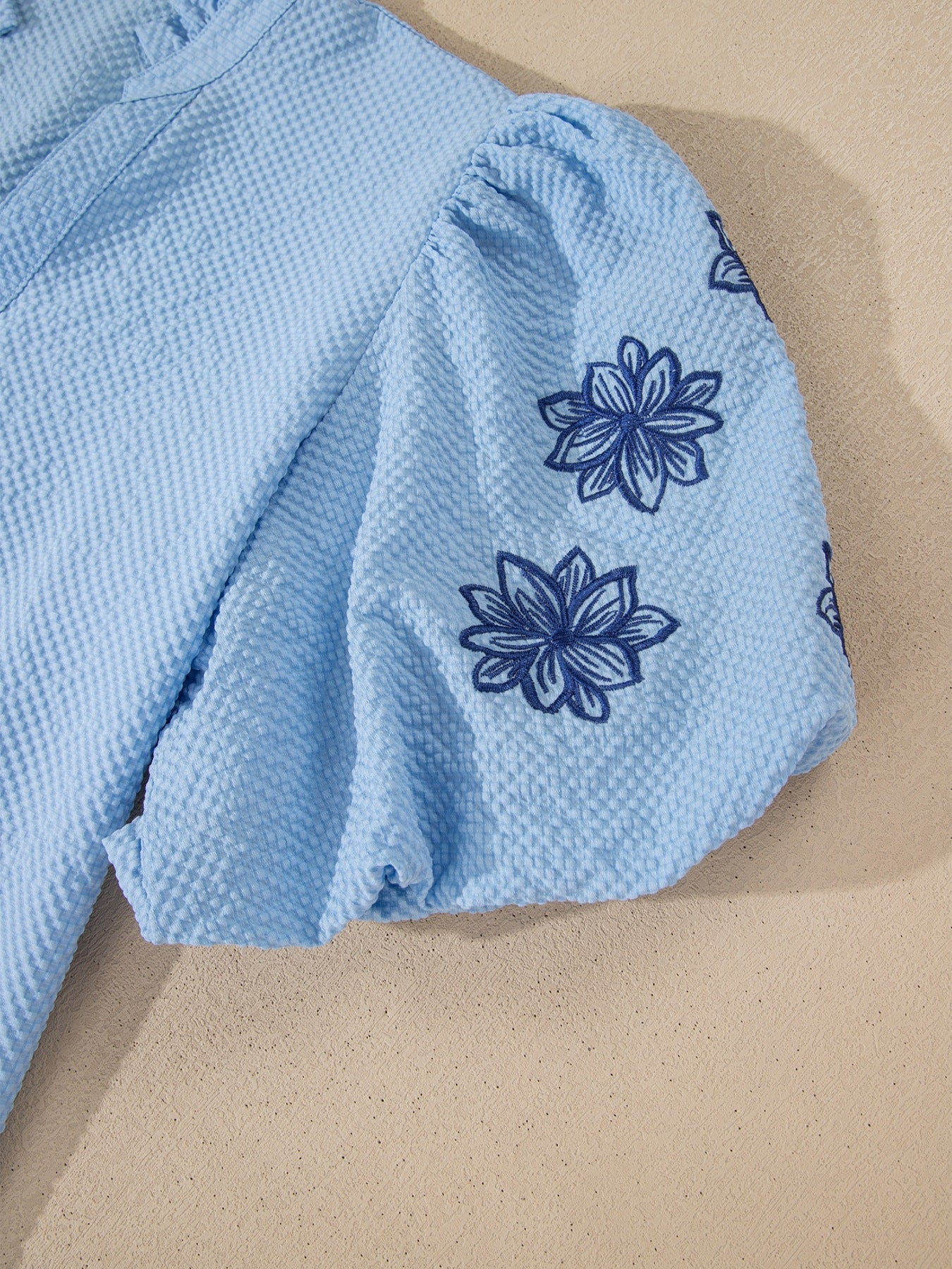 Flower Embroidered Puff Sleeve Split Neck Textured Blouse