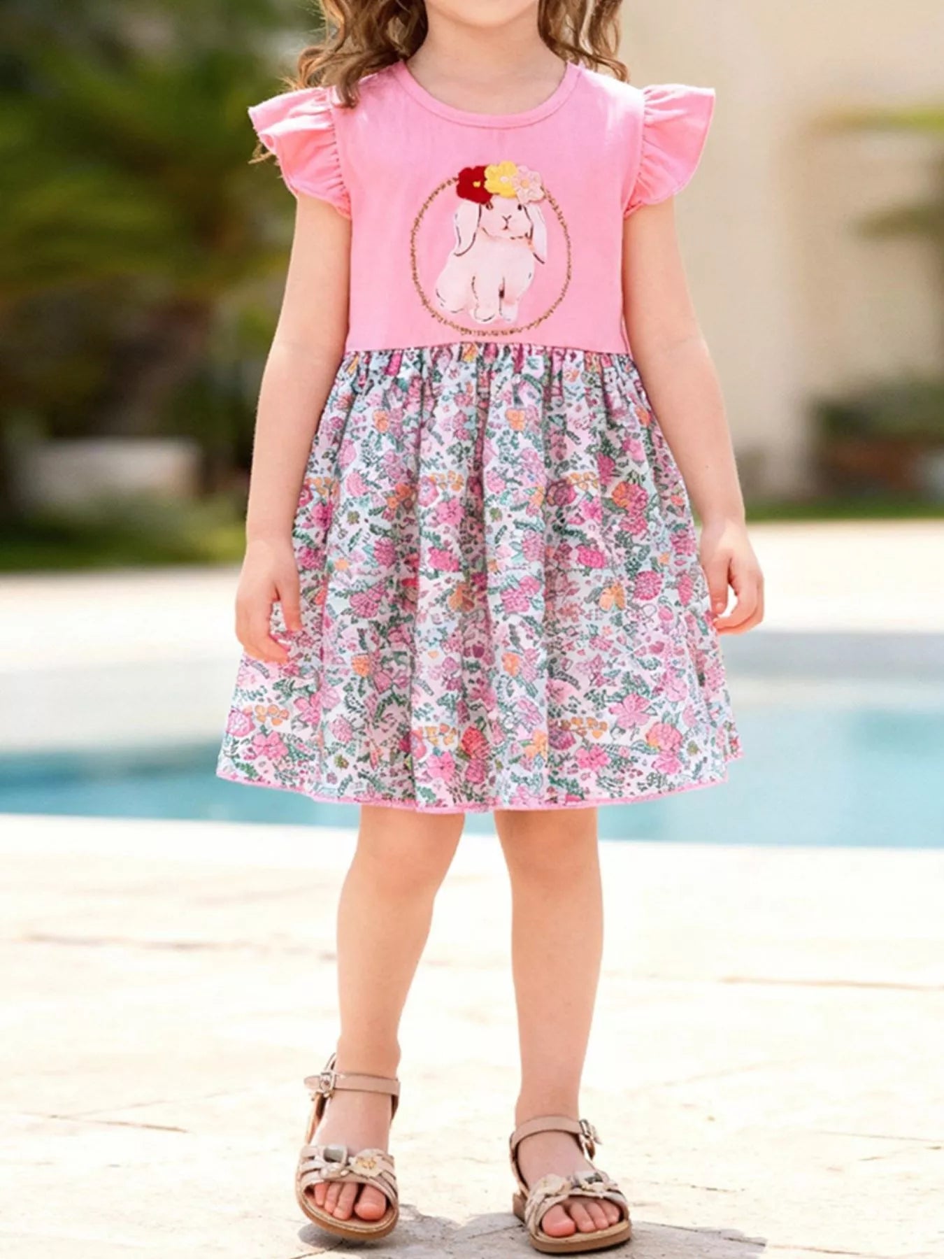 Children's Floral Print Bunny Ruffle Sleeve Dress