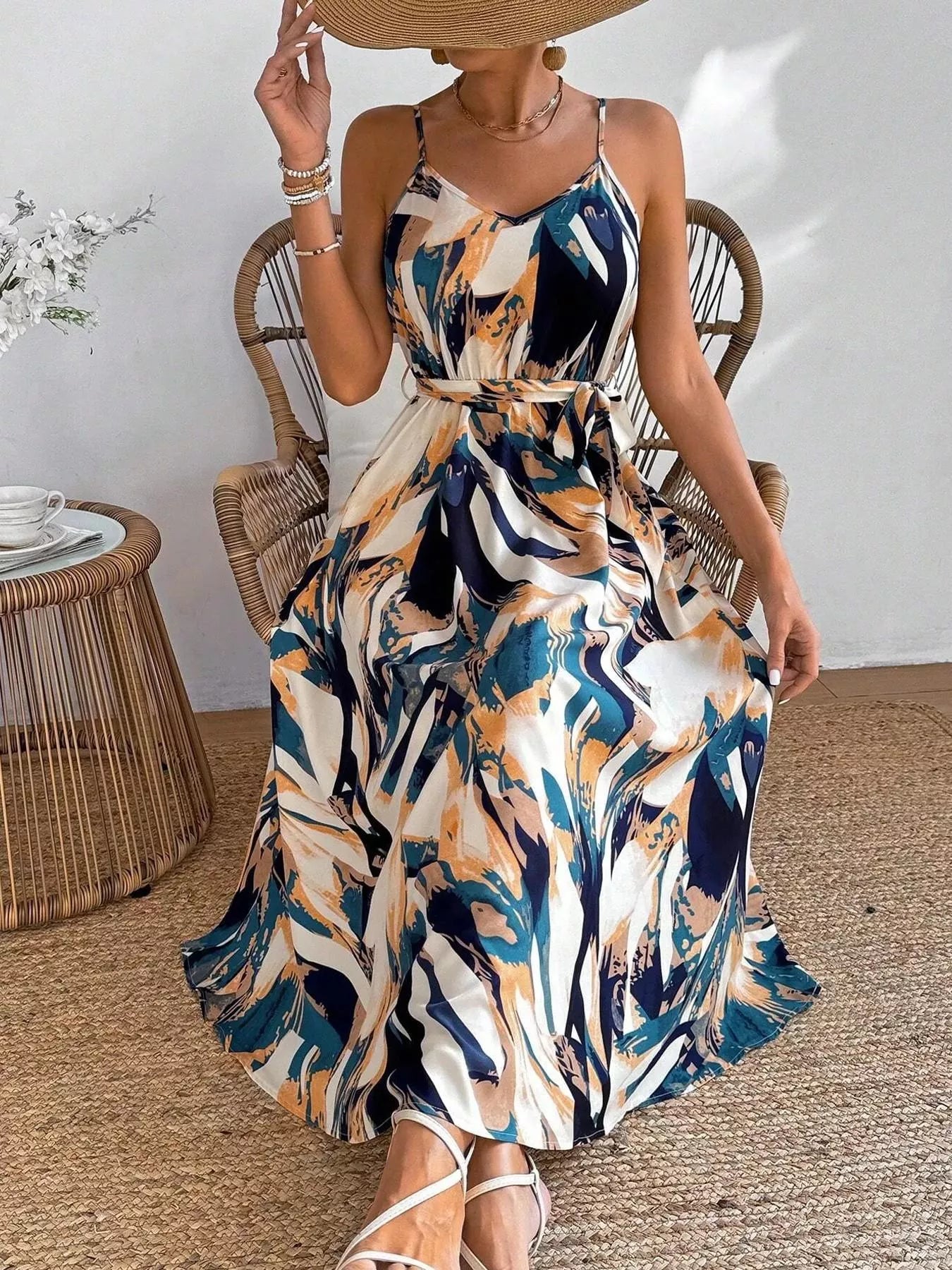Abstract Print Tie Waist Cami Dress