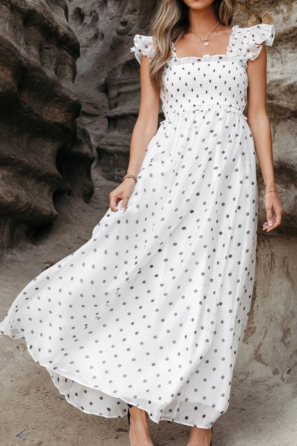 Polka Dot Ruffle Sleeve Smocked Midi Dress