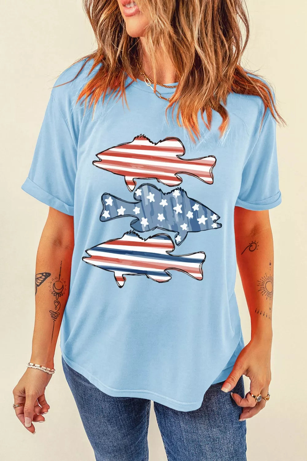 Patriotic Fish Graphic Short Sleeve T-Shirt