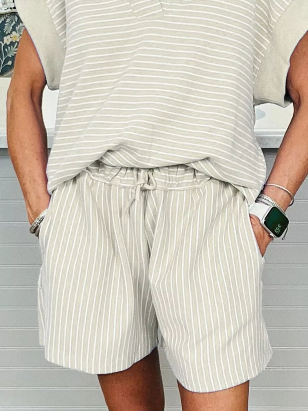 Stripe Dolman Sleeve Polo Shirt and Drawstring Shorts Set