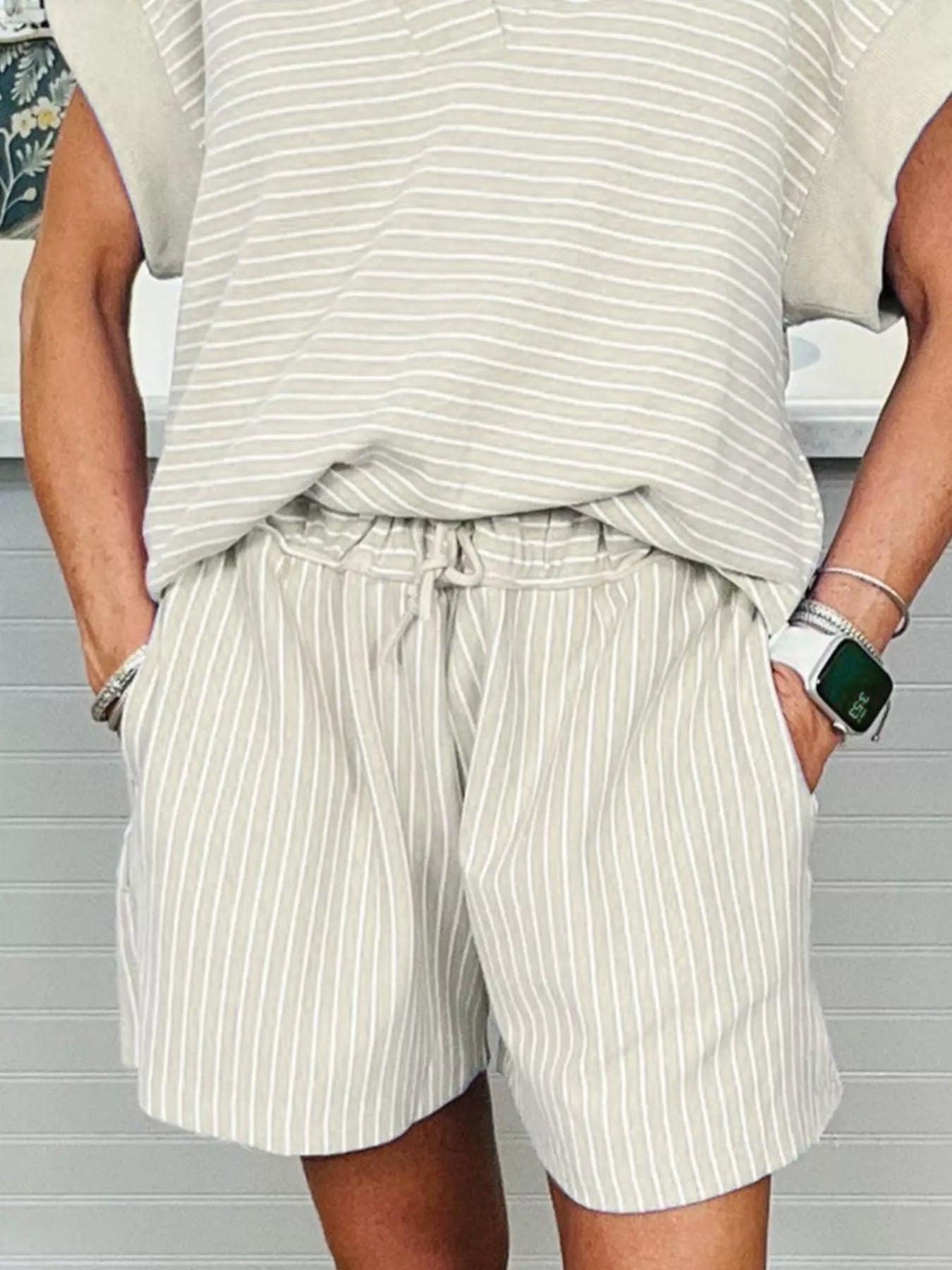 Stripe Dolman Sleeve Polo Shirt and Drawstring Shorts Set