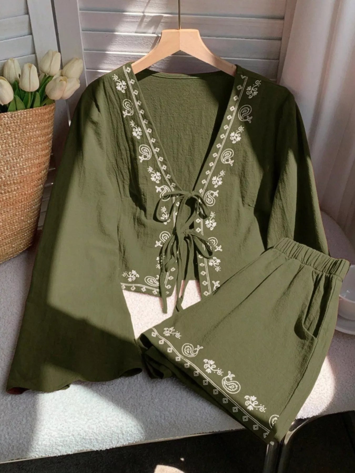 Embroidered Tie-Front Top & Shorts Set