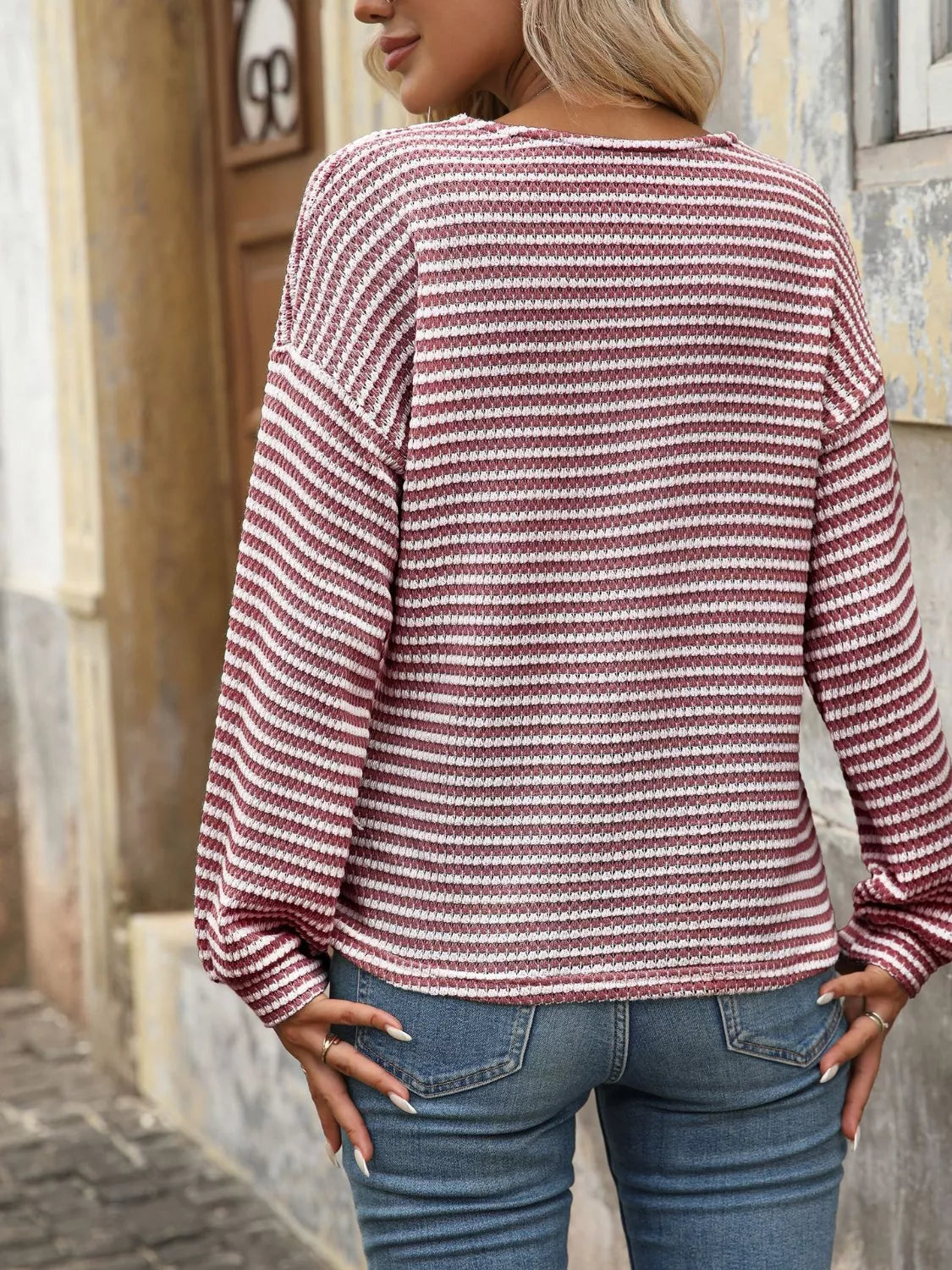 Striped Button Detail Long Sleeve T-Shirt