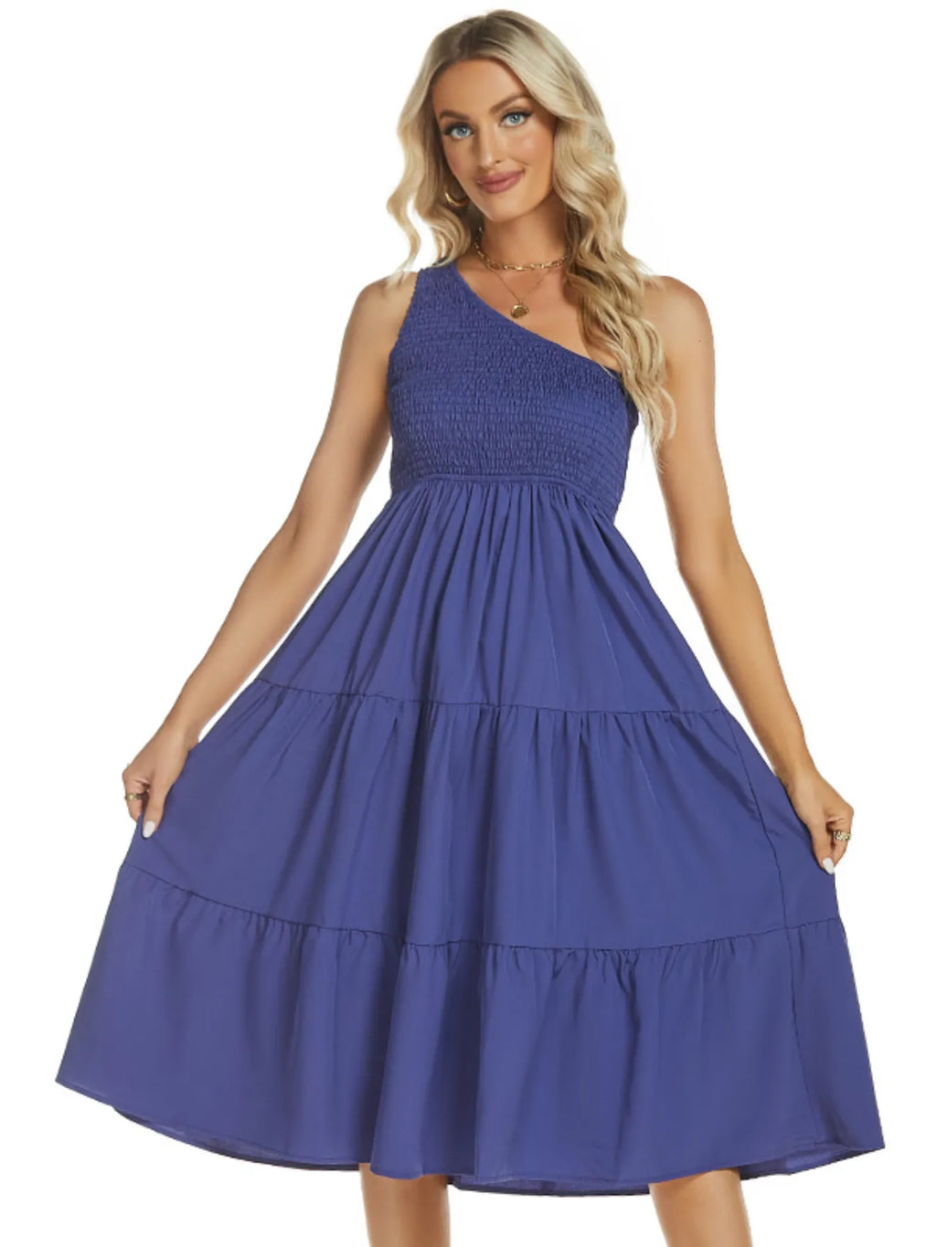 One-Shoulder Tiered Midi Dress with Smocked Bodice