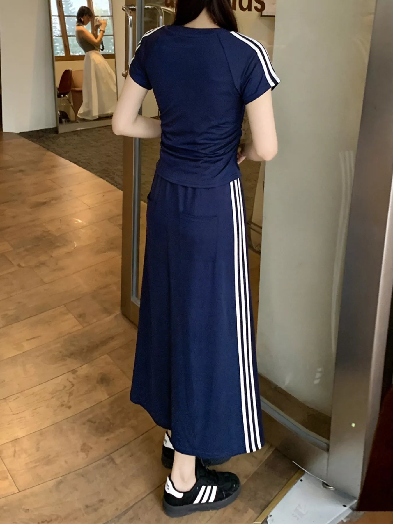 Striped Round Neck Tee and Skirt Set