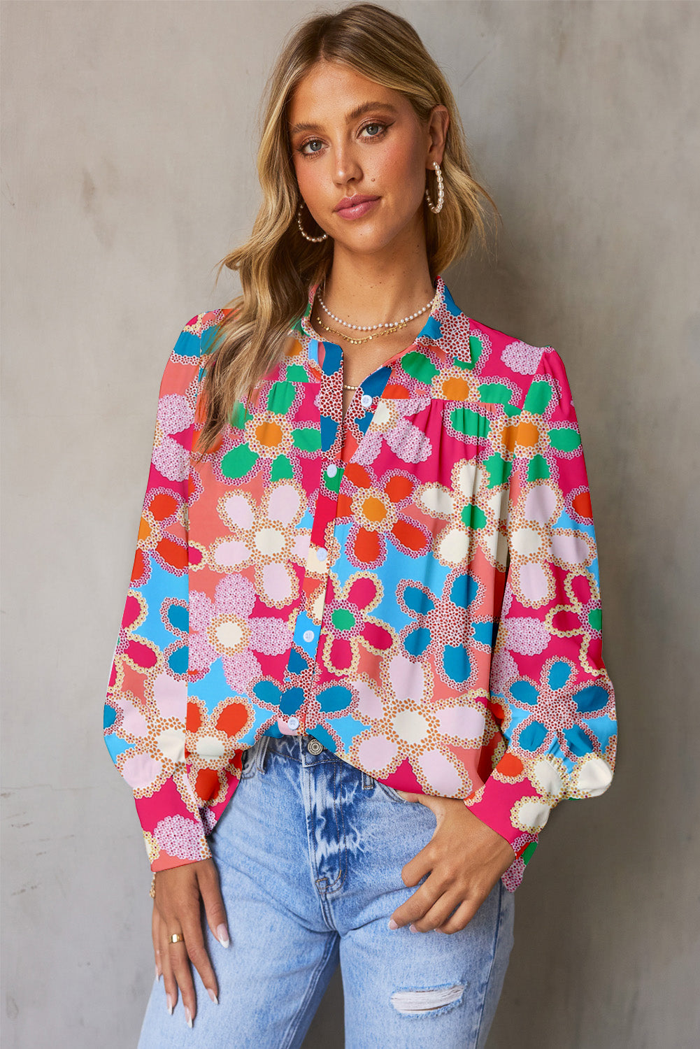 Vibrant Floral Print Lantern Sleeve Button-Down Shirt