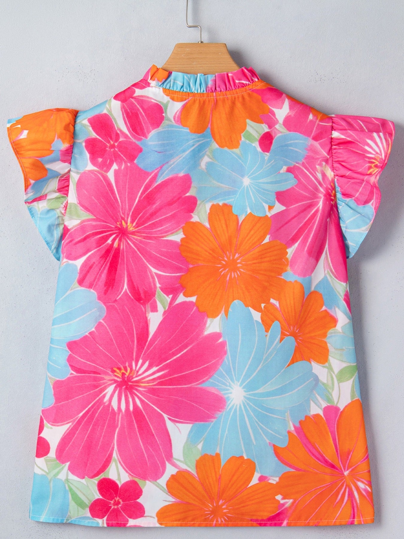 Flower Printed Tie V Neck Ruffle Trim Sleeveless Blouse