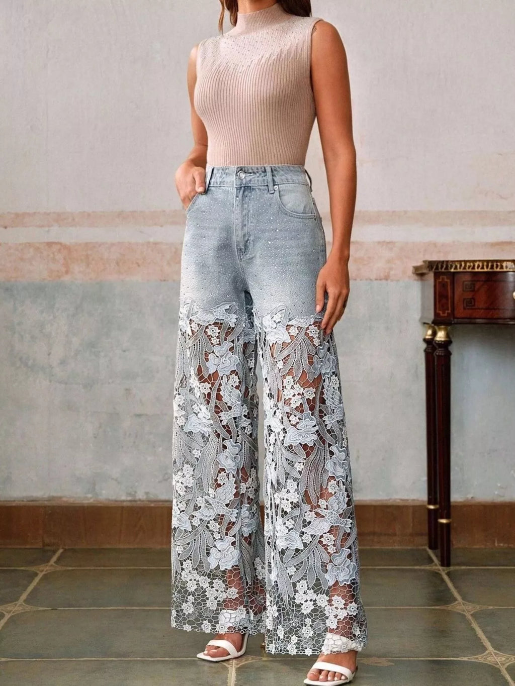 Lace Wide-Leg Jeans
