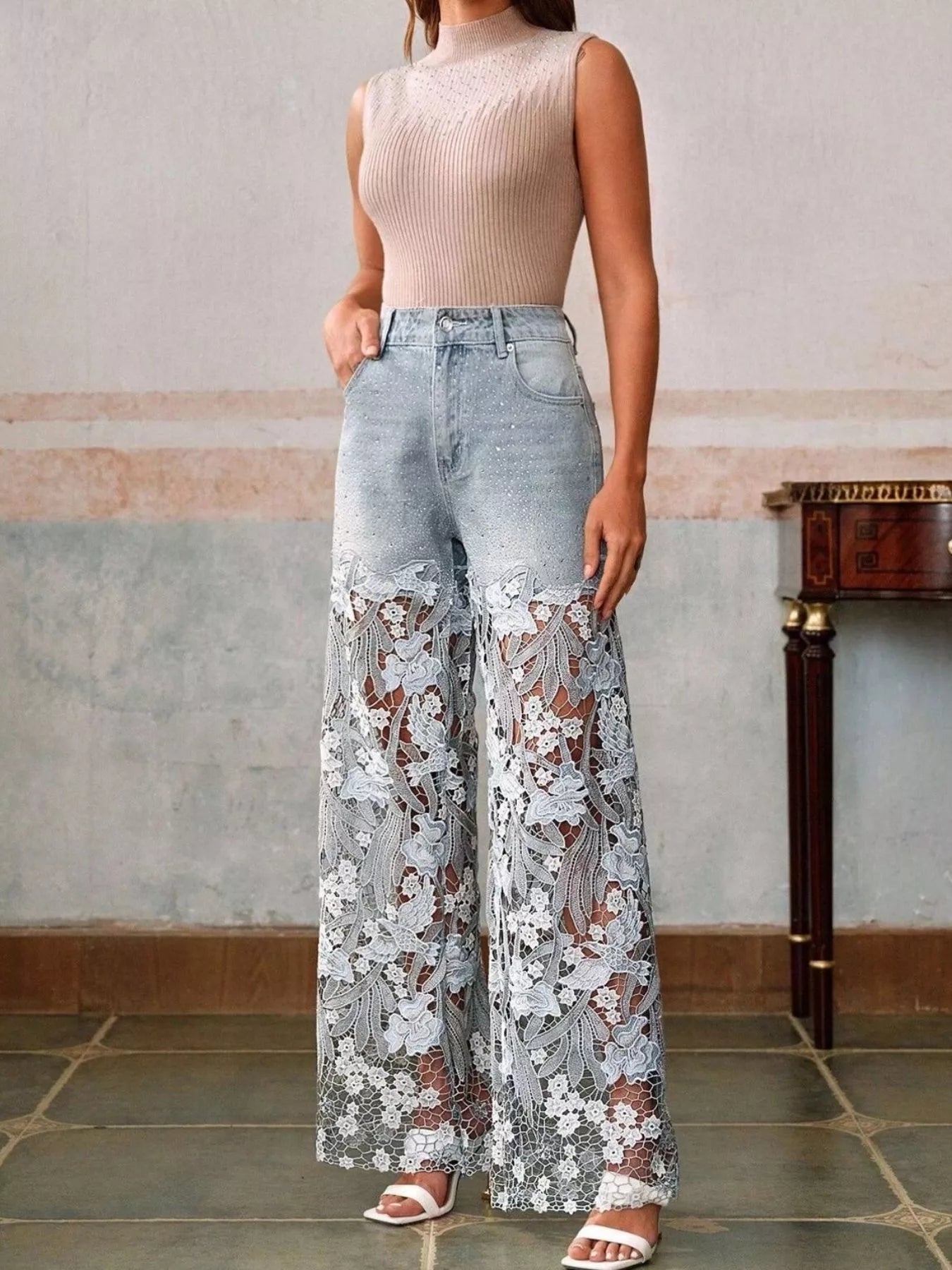Lace Wide-Leg Jeans