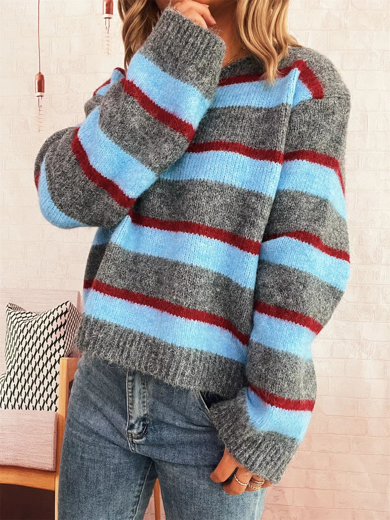 Striped Round Neck Long Sleeve Sweater
