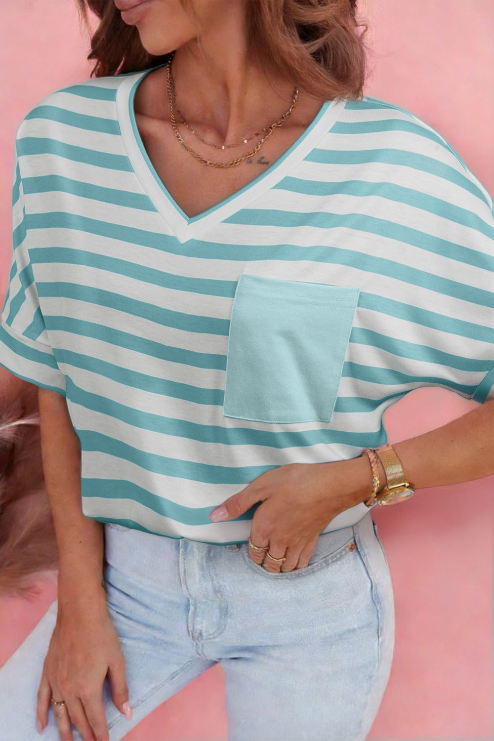 Stripe V Neck Patched Pocket Casual T Shirt