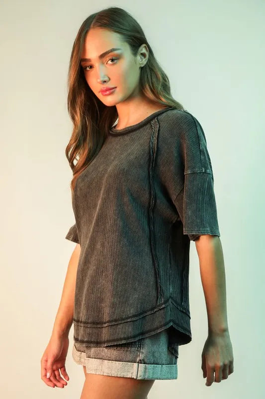 VERY J Full Size Mineral Washed Ribbed Knit Casual Top Plus Size