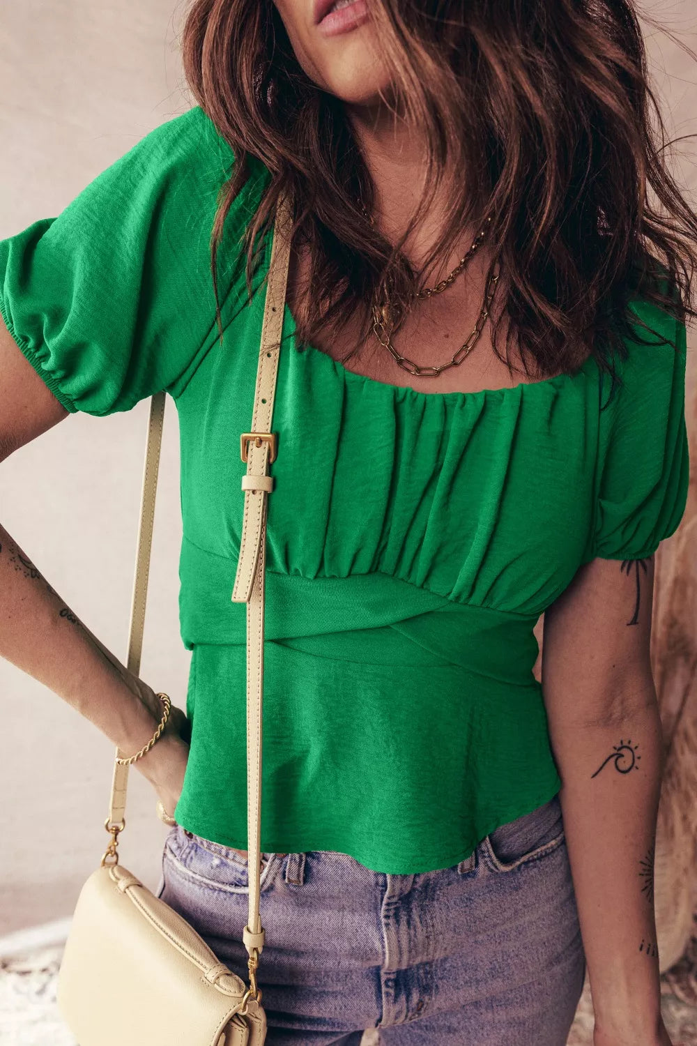 Solid Color Ruched Crossed Waist Tied Back Short Sleeve Peplum Top