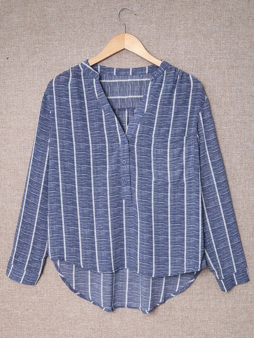 Striped Print V Neck Half Buttons Loose Blouse