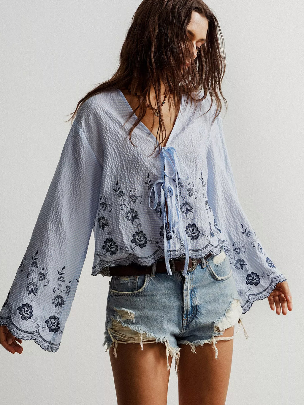 Floral Embroidered Tie-Front Blouse
