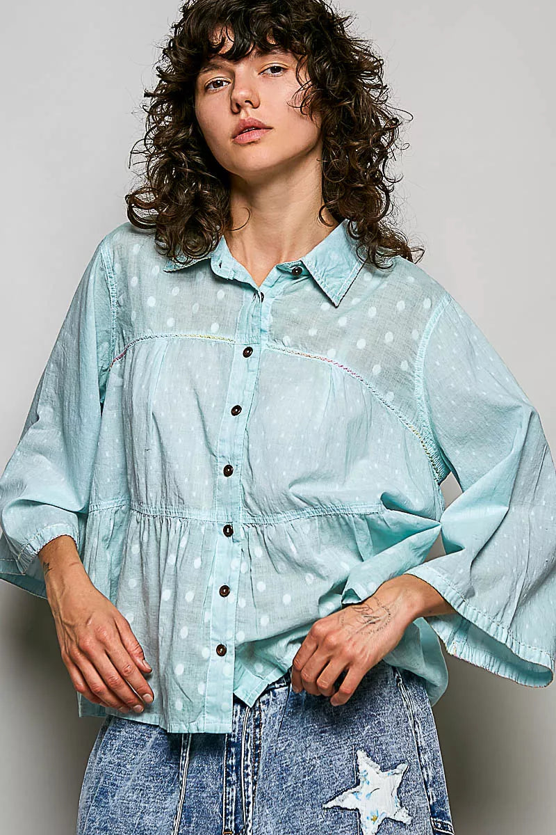 POL Tonal Dot Weave Textured Button Front Shirt
