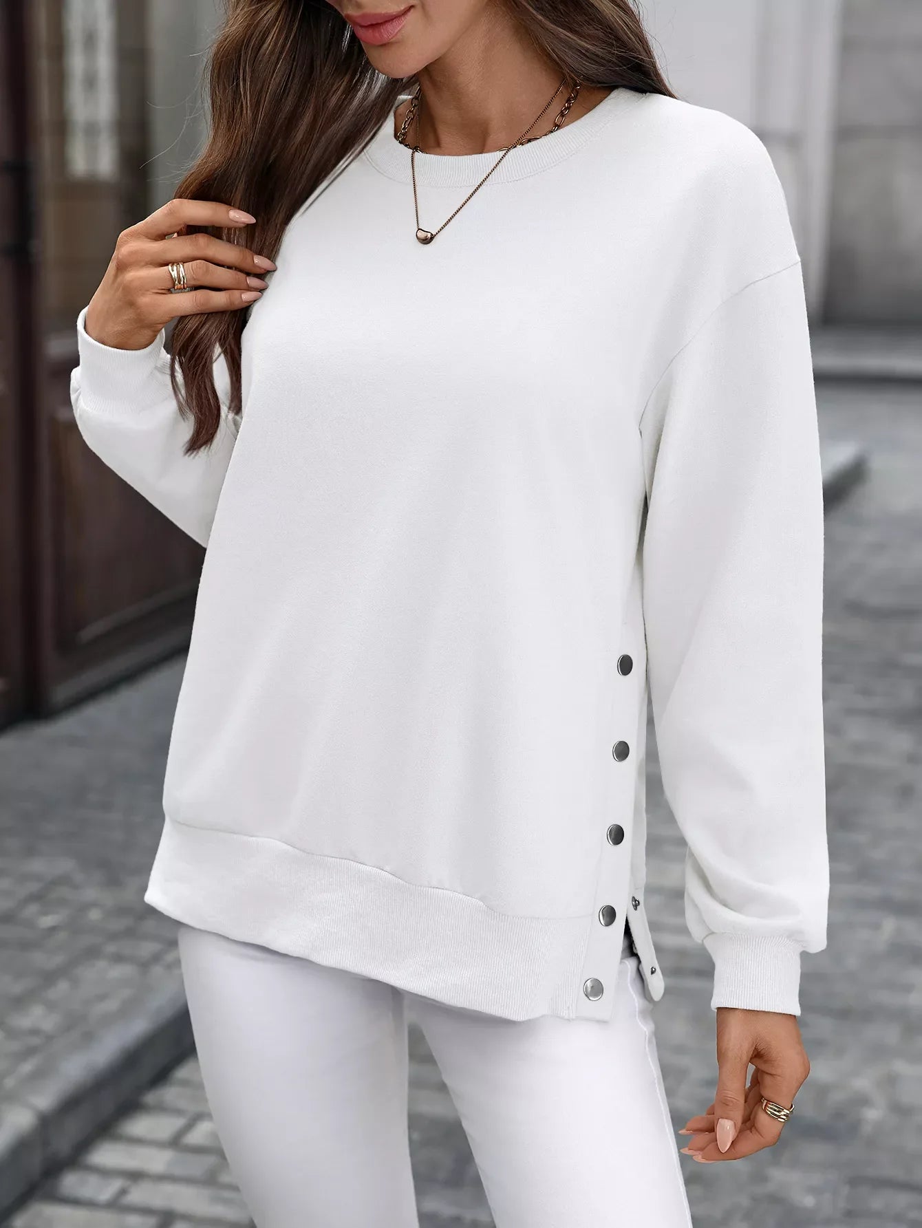 Side Snap Round Neck Sweatshirt