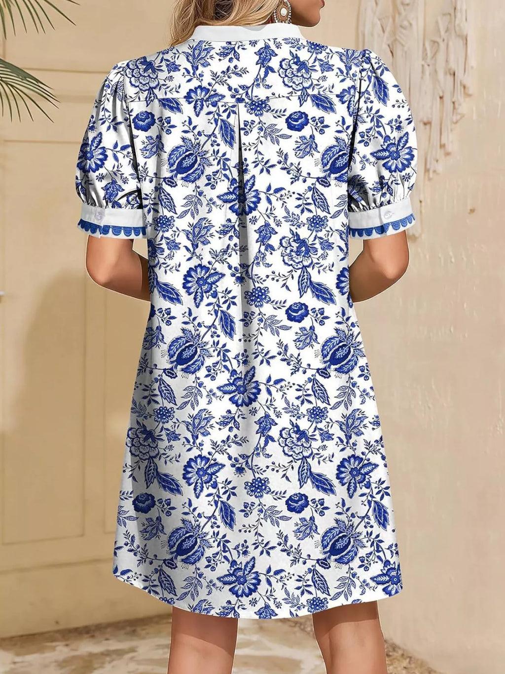 Notched Puff Sleeve Mini Dress