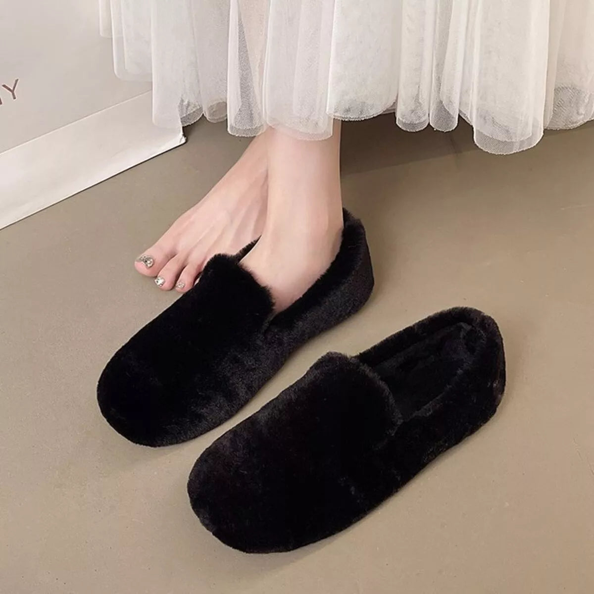 Fluffy Round Toe Slip-Ons