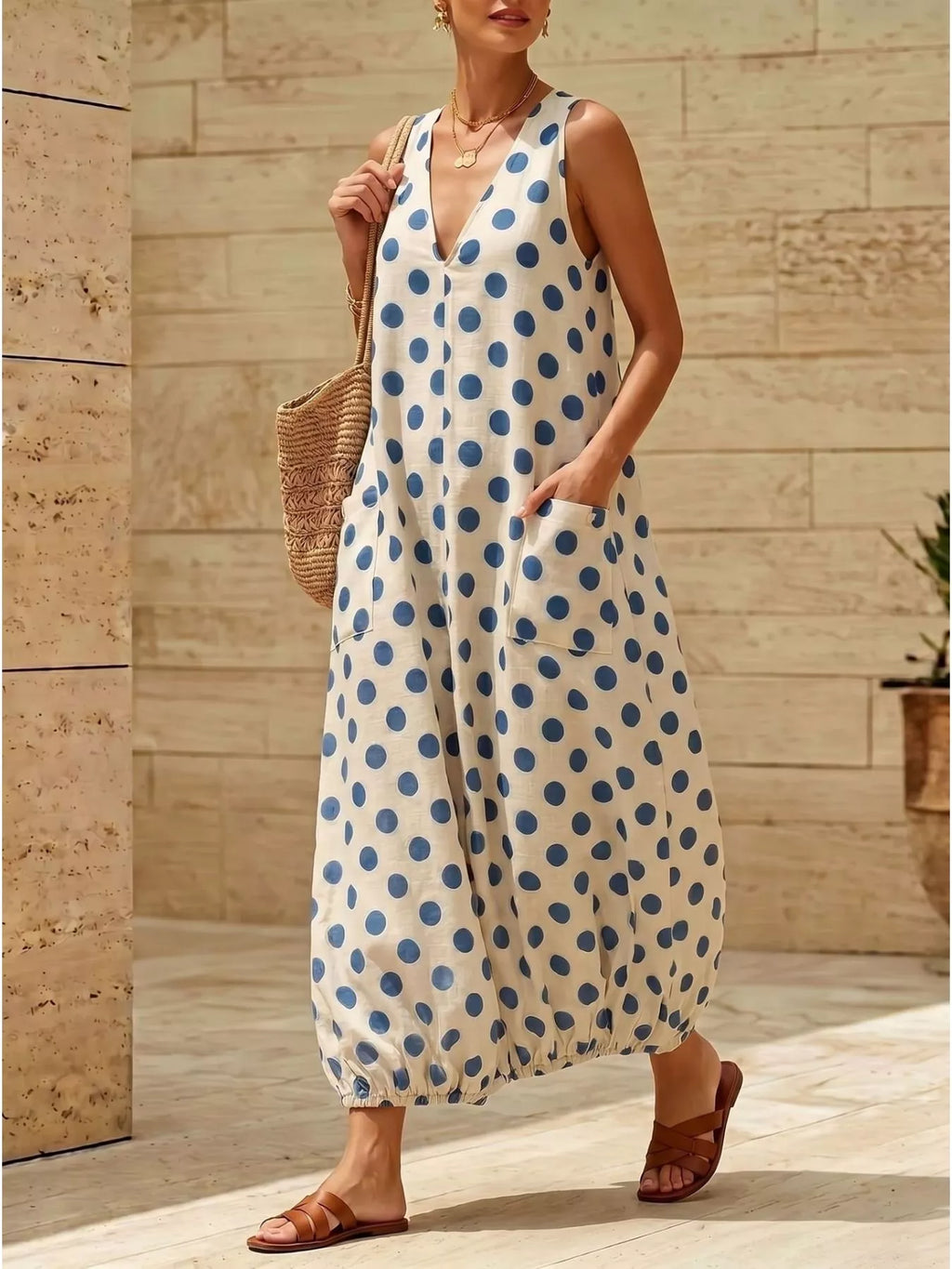 Polka Dot V-Neck Sleeveless Maxi Dress