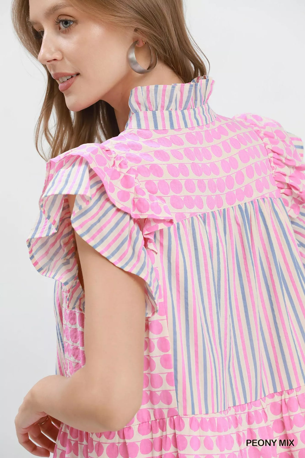 Umgee Mix Patchwork Flutter Sleeve Tiered Dress