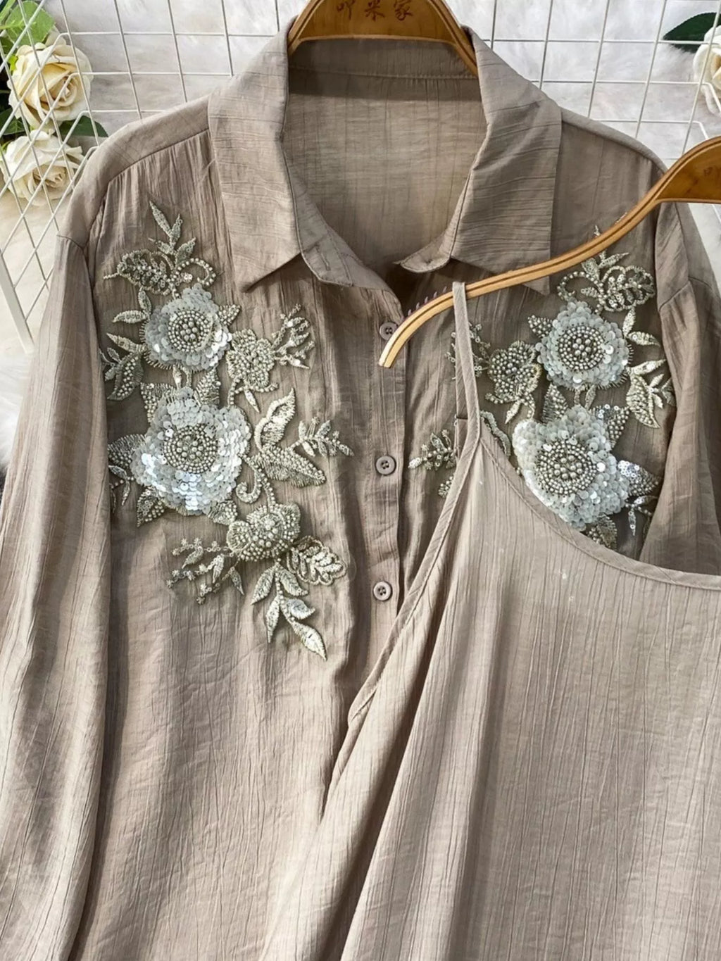 Sequin Flower Button Up Shirt and Cami Dress Set