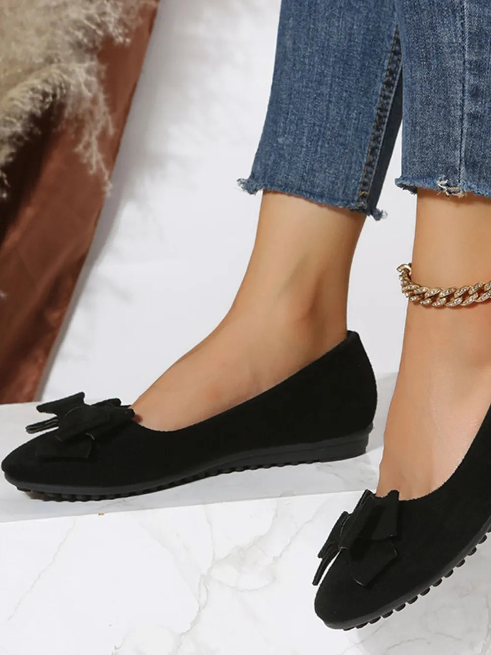 Bow Solid Color Round Toe Flat Slip-Ons