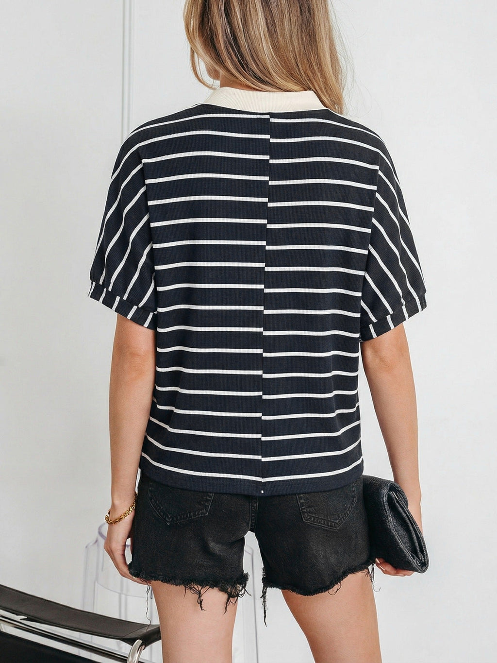 Stripe Stand Collar V Neck Elastic Cuffs Half Sleeve Dolman Top
