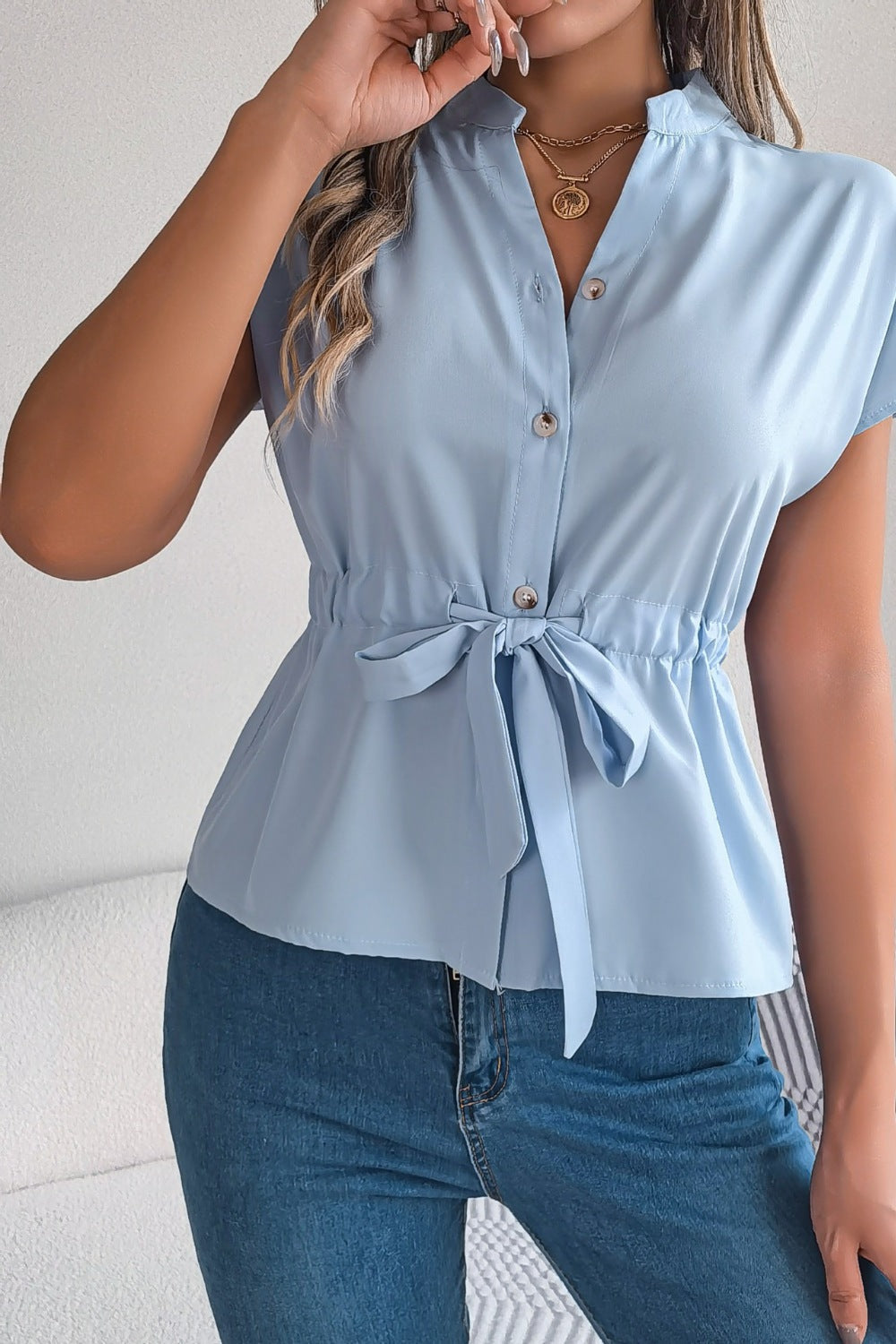 Tie Waist Button-Down Shirt