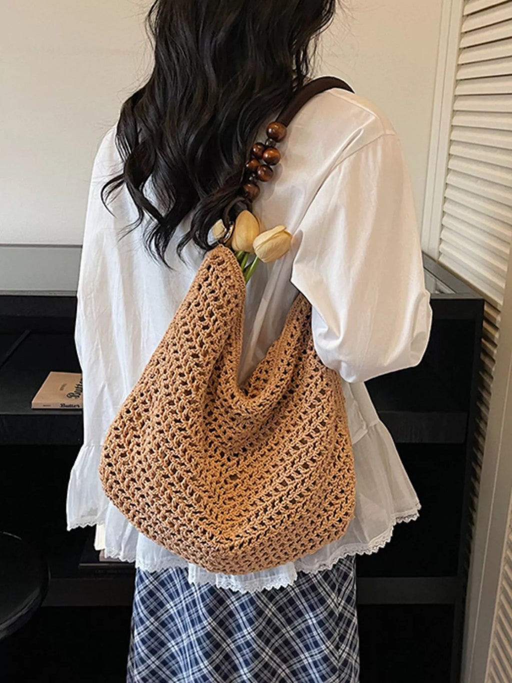 Knitted Shoulder Bag with Wooden Bead Handle