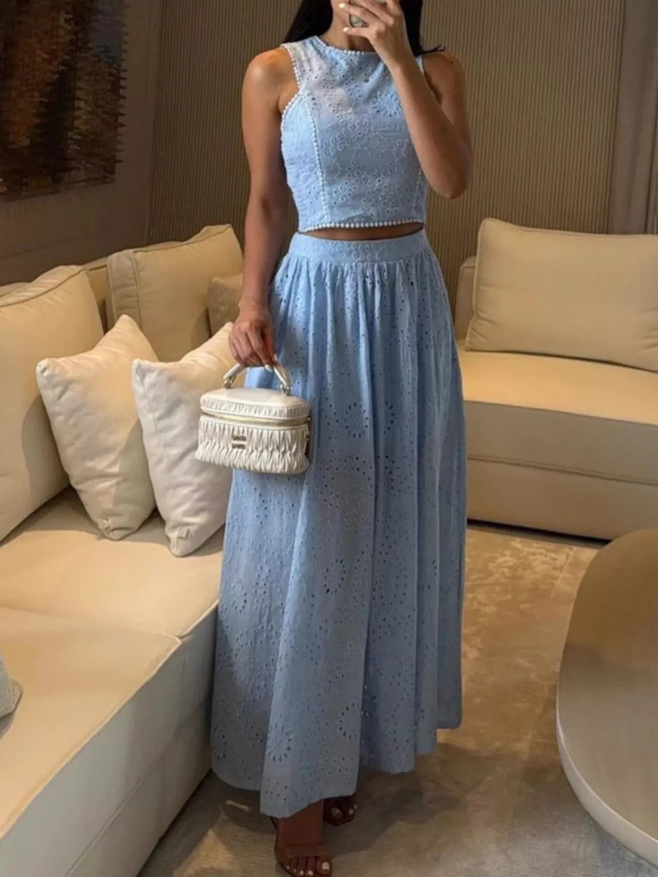 Eyelet Crop Top and Maxi Skirt Set