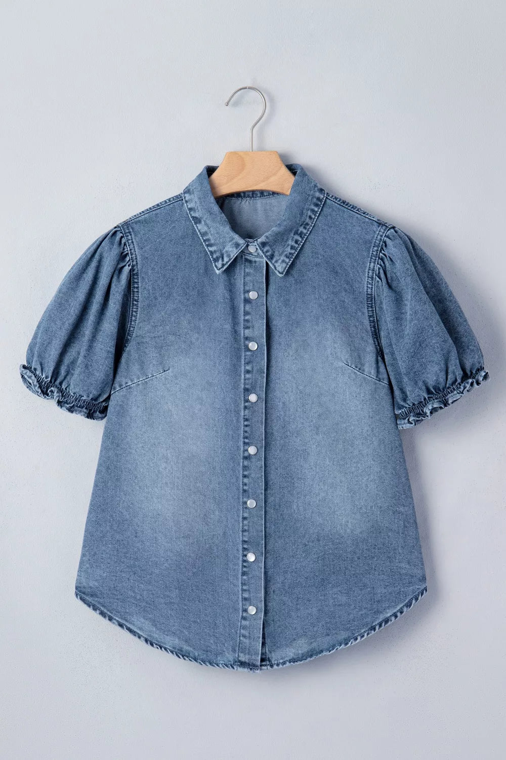 Frilled Short Sleeve Snap Button Denim Shirt