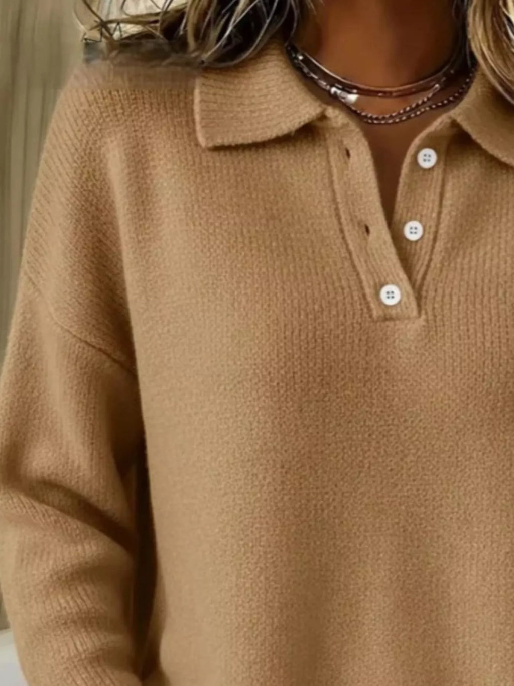 Full Size Half Button Collar Drop Shoulder Sweater Plus Size
