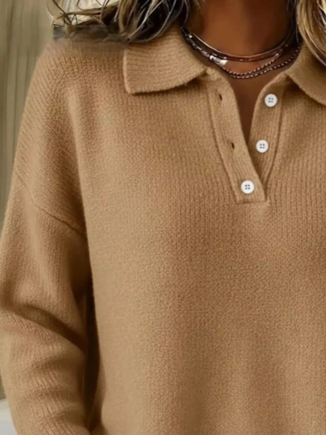 Full Size Half Button Collar Drop Shoulder Sweater Plus Size
