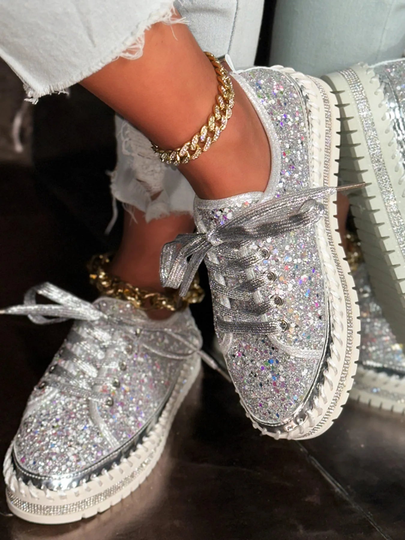 Metallic PU Leather Lace Up Platform Sneakers