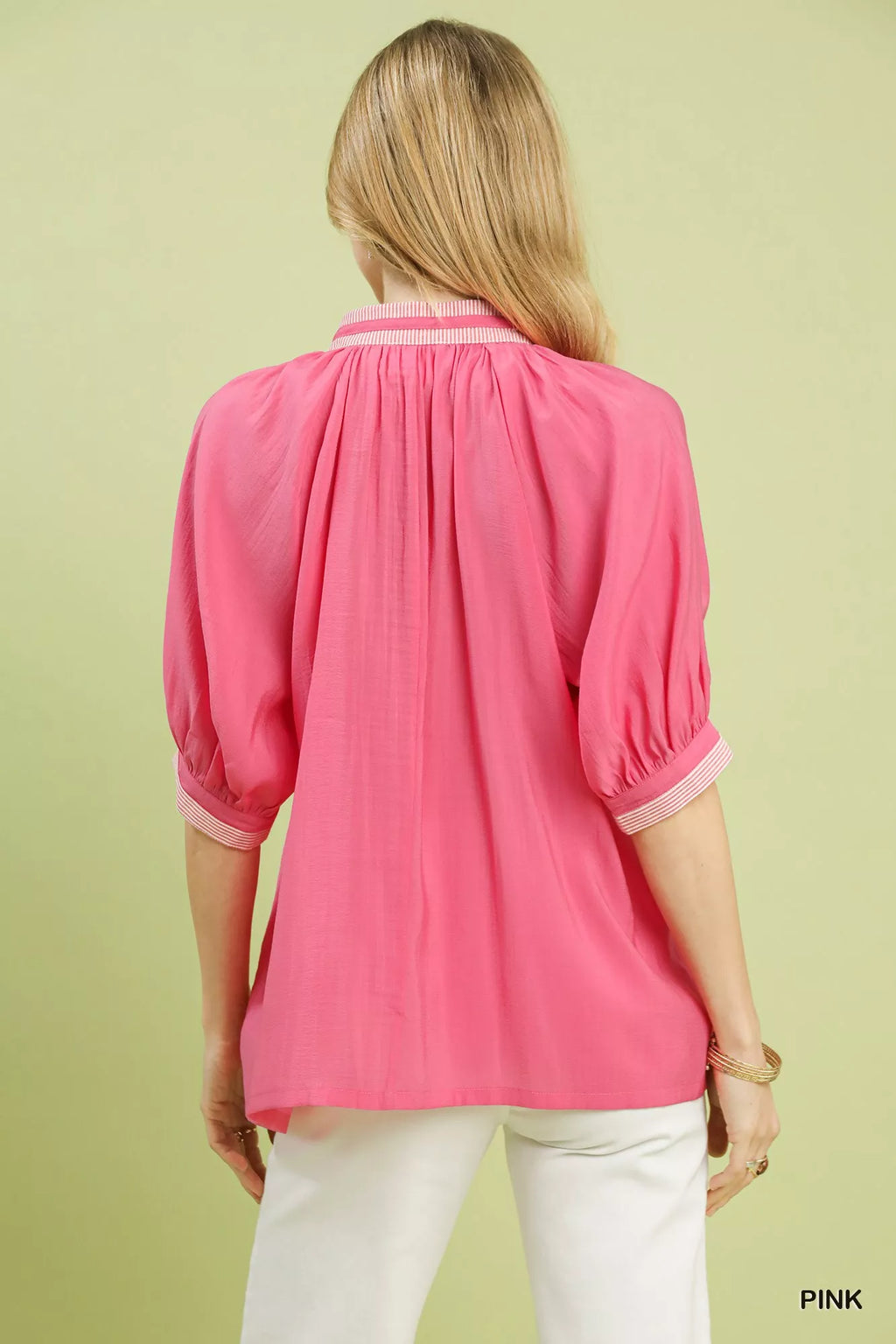 Umgee Solid Contrast Trim Pleated Top