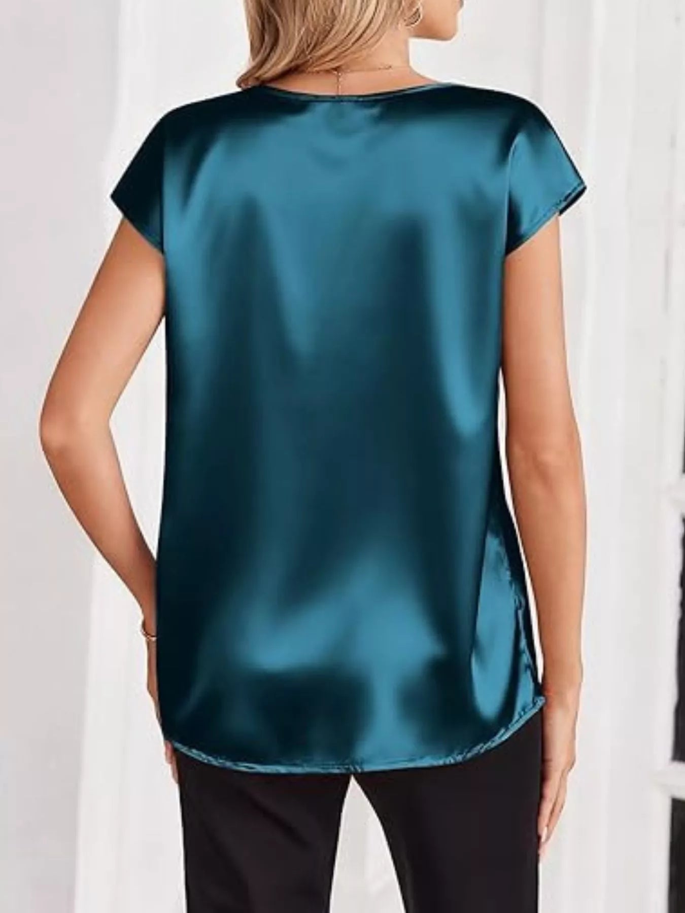 Satin V-Neck Short Sleeve Blouse