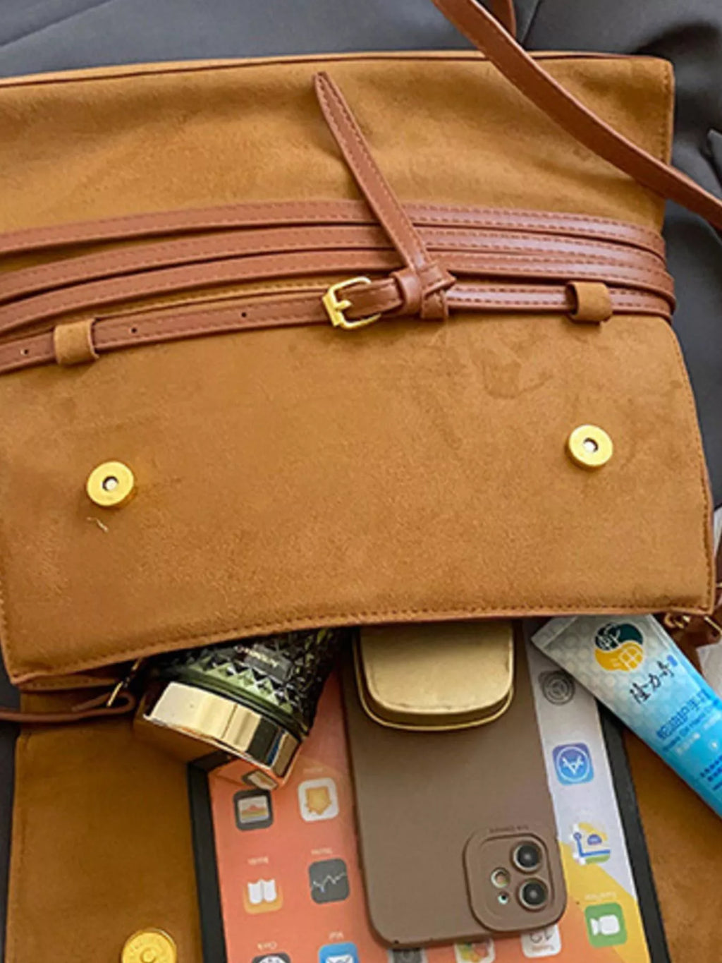 Suede Leather Belt Decor Backpack Bag