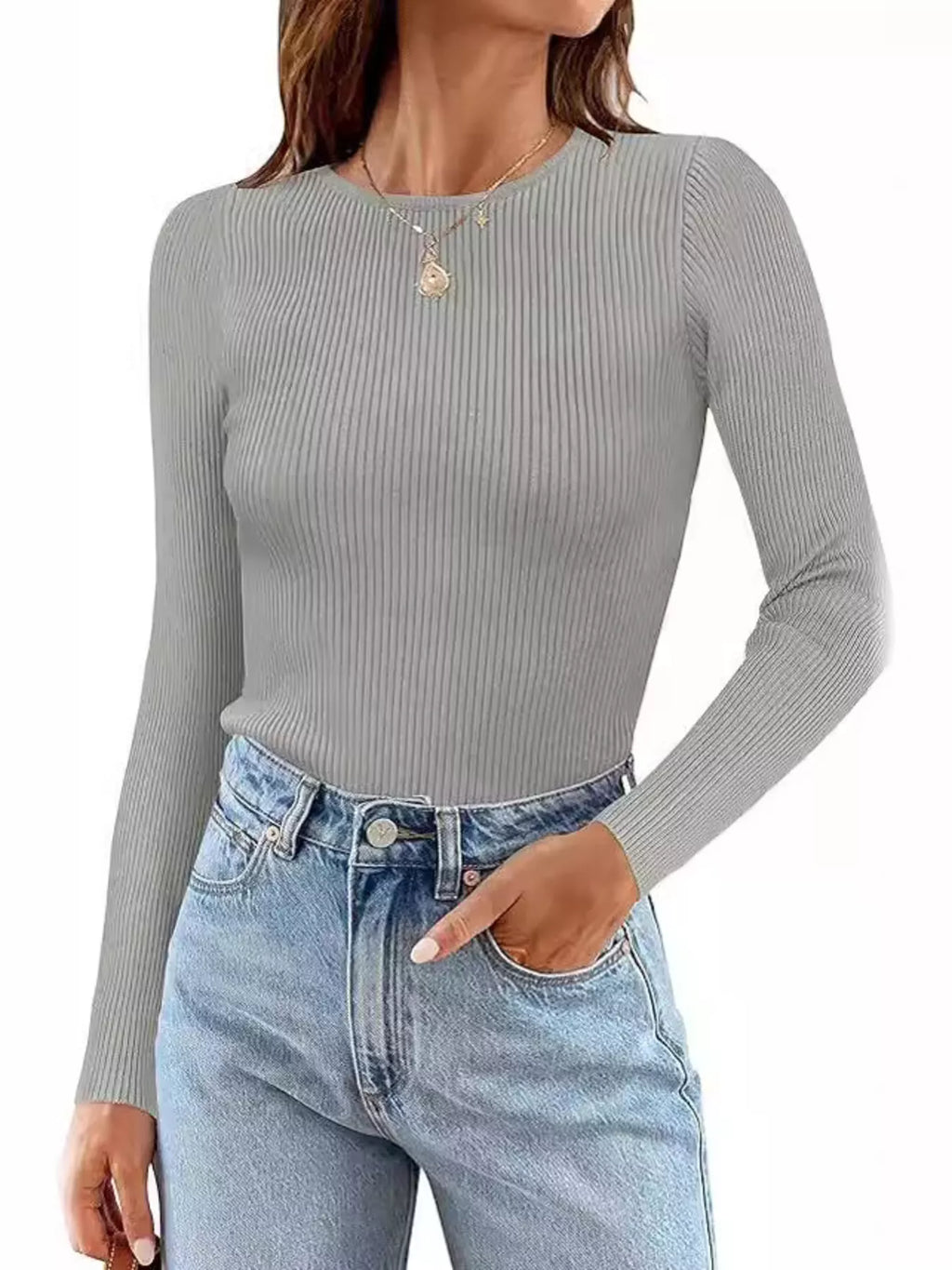 Ribbed Knit Slim Fit Long Sleeve T-Shirt